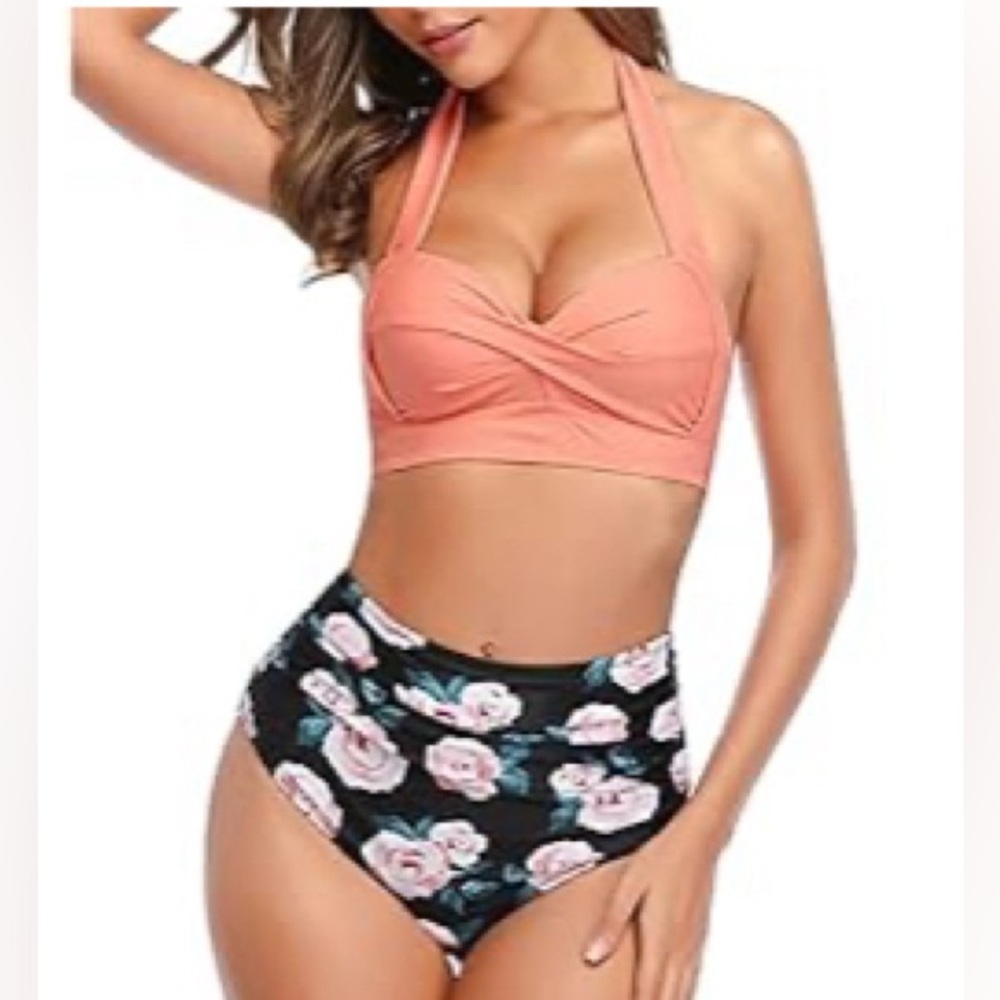 Peach and Black Floral Women's Halter Bikini